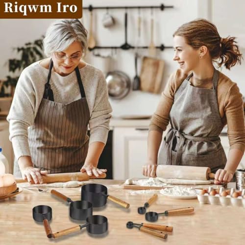 Black Measuring Cups and Spoons Set,8 Piece Stainless Steel Measuring Cup with Wood Handles for Cooking and Baking in the Kitchen - color: Black