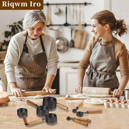 Black Measuring Cups and Spoons Set,8 Piece Stainless Steel Measuring Cup with Wood Handles for Cooking and Baking in the Kitchen - color: Black
