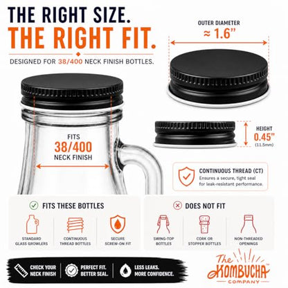 Metal Growler Caps For 1-Gallon & 1/2-Gal Sized Glass Growler Jugs - 1.5" (38mm) Dia, Made in USA - Beer/Kombucha/Homebrew Bottle - Food Grade Lid w/Continuous Thread & Plastisol Liner (3, Black) - color: Black