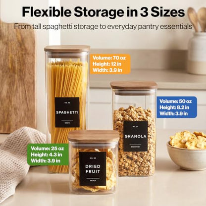 EDELHAUS Glass Storage Containers with Acacia Lids and Labels - Set of 5 | Extra Thick Square Glass Canisters with Acacia Wood Lids and 54 Pre-printed Pantry Labels keeps dry Goods Fresh and Organized