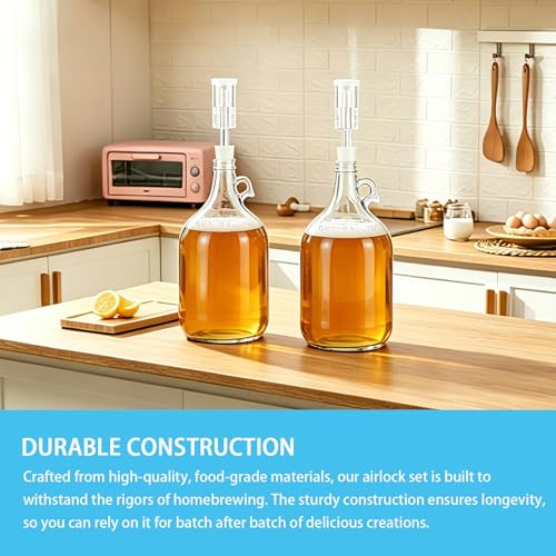 2pcs 1Gallon Glass Bottle- 2pcs Rubber Bungs & 2-Piece Airlocks – Fermentation Jars for Home Brewing, Clear Glass Fermenter Containers for Liquid Fermentation