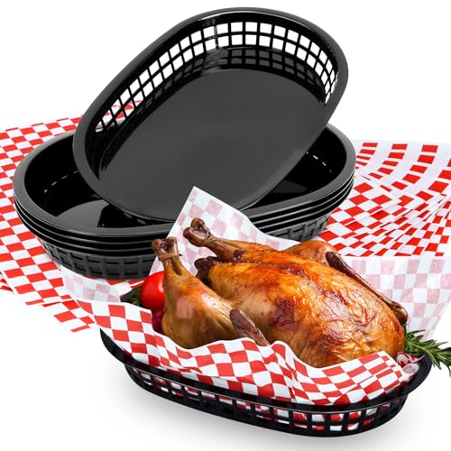 60 Sheets Red Checkered Deli Liners and 6 Black Fast Food Baskets, Classic Deli Baskets with Red Checkered Dry Waxed Deli Paper(12'') (6+60)