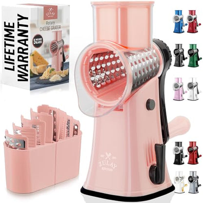 Zulay Kitchen Rotary Cheese Grater 5 Blade Cheese Shredder - Manual Hand Crank Cheese Grater With Reinforced Suction & 5 Interchangeable Drums - Easy to Use, Vegetable Chopper Round Mandoline Slicer - color: Peach & Black
