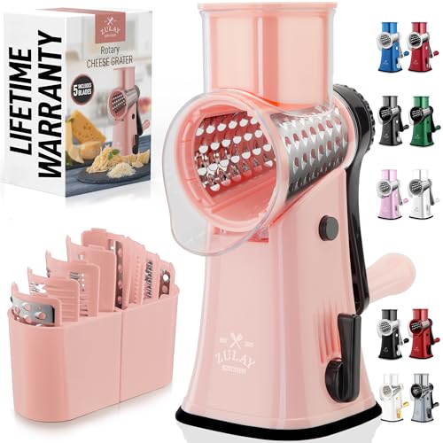 Zulay Kitchen Rotary Cheese Grater 5 Blade Cheese Shredder - Manual Hand Crank Cheese Grater With Reinforced Suction & 5 Interchangeable Drums - Easy to Use, Vegetable Chopper Round Mandoline Slicer - color: Peach & Black