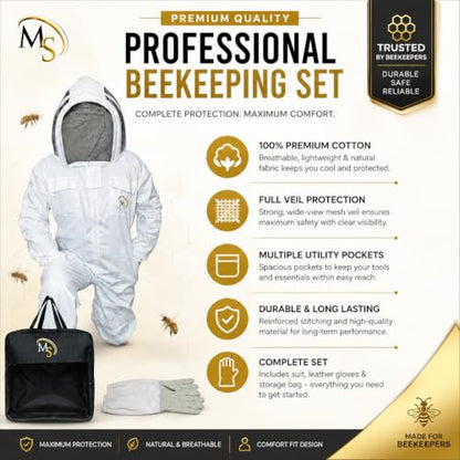 MS Bee Cotton Beekeeper Suit With One Pair Gloves and Fencing Veil - color: White, size: Large