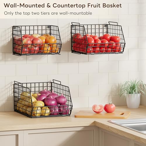 3-Tier Stackable Wire Baskets for Counter, Fruit and Vegetable Storage, Potato and Onion Storage Bin，Kitchen Pantry Organizer - Wall Basket for Produce/Snack/Can, Black - size: 3-tier Large