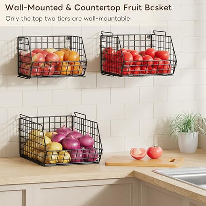 3-Tier Stackable Wire Baskets for Counter, Fruit and Vegetable Storage, Potato and Onion Storage Bin，Kitchen Pantry Organizer - Wall Basket for Produce/Snack/Can, Black - size: 3-tier Large