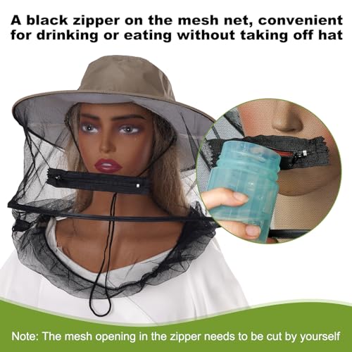 Sucrain Mosquito Head Net Hat Sun Hat Garden Bug Hat with Hidden Net Mesh for Outdoor Gardening Beekeeping - color: Hot Beige