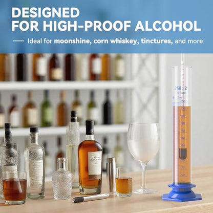 Hydrometer Alcohol 0–200 Proof & Tralle with Glass Test Jar Kit, Lab-Grade Glass Dual Scale for Accurate High-Proof Spirit Testing Moonshine Whiskey Spirits Liquor Proofing Distilling