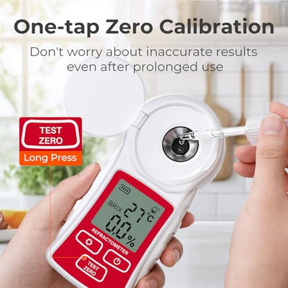 Rechargeable Digital Brix Refractometer with ATC for Fruit/Juice/Slushie | One-Tap Calibration, Anti-Glare Interference, Waterproof, Ultra-Long Battery Life (0-55% Range, 0.1% Resolution) - color: Red