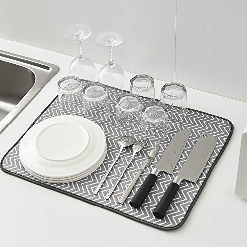 SUBEKYU Dish Drying Mat for Kitchen Counter, Microfiber Absorbent Dishes Drainer/Rack Pads under Sink, 19.6 by 16.1 inches, Set of 2, Grey, Ripple - color: Ripple 2P 19.6*16.1