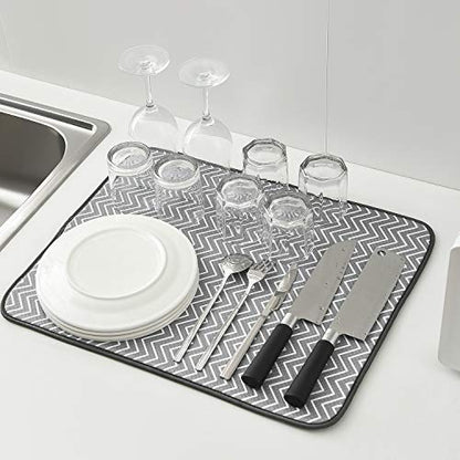 SUBEKYU Dish Drying Mat for Kitchen Counter, Microfiber Absorbent Dishes Drainer/Rack Pads under Sink, 19.6 by 16.1 inches, Set of 2, Grey, Ripple - color: Ripple 2P 19.6*16.1