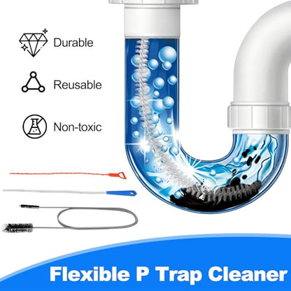 P Trap Cleaner Set,3 IN 1 P Trap Brush | Extra Long Cleaning Set with Drain Snake Remover,Wire Brush and All Bristle Brush, for Shower Kitchen Sink Bath Tub Bathroom
