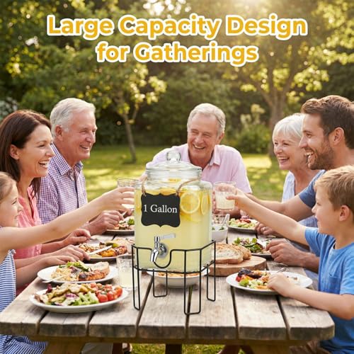 Drink Dispenser, Drink Dispensers for Parties, 1 Gallon Glass Beverage Dispenser with Stand and Glass Lid, 100% Leakproof Spigot, Ideal for Lemonade, Juice, Iced Tea, Laundry Detergent - size: 1 Gallon