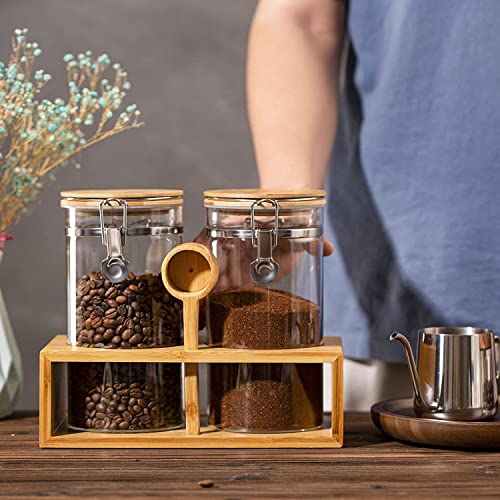 Yangbaga Ground Coffee Storage Container with Shelf, 2×45OZ Glass Coffee and Sugar Container Set, Coffee Canisters with Airtight Lids and Scoop, Food Storage Jars for Kitchen,Nuts,Tea,Sugar