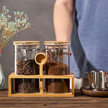 Yangbaga Ground Coffee Storage Container with Shelf, 2×45OZ Glass Coffee and Sugar Container Set, Coffee Canisters with Airtight Lids and Scoop, Food Storage Jars for Kitchen,Nuts,Tea,Sugar