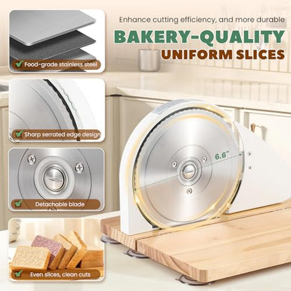Huanyu Manual Bread Slicer Upgrade Foldable Sourdough Cutter Versatile Hand Crank Stainless Steel Blade Adjustable Thickness with Scale Line & Suction Cup for Homemade & Commercial Use White