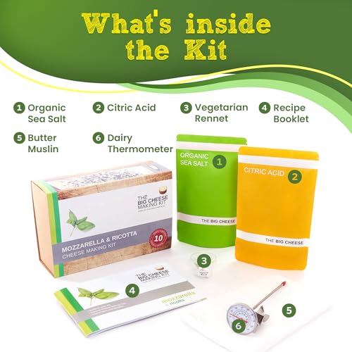The Big Cheese Mozzarella & Ricotta Cheese Making Kit - Make Fresh Mozzarella & Ricotta at Home - 10 Batches with Vegetarian Rennet, Citric Acid & Recipe Booklet