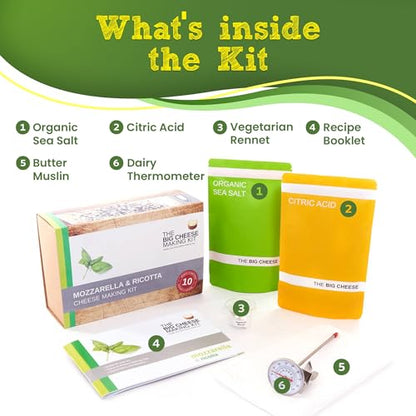 The Big Cheese Mozzarella & Ricotta Cheese Making Kit - Make Fresh Mozzarella & Ricotta at Home - 10 Batches with Vegetarian Rennet, Citric Acid & Recipe Booklet