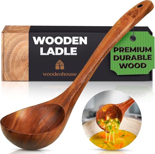 Wooden Ladle for Cooking, Soup Spoon Ladle – Teak Wooden Serving Spoon, 12.4″ Handle, Medium Scoop Size 2 oz – Eco Friendly, Natural and Sustainable - size: 1 Size Set