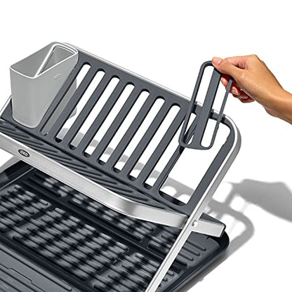 OXO Good Grips Aluminum Fold Flat Dish Drying Rack, 2-Tier, with Drainboard, for Kitchen Counter, Collapsible - style: Fold Flat Dish Drying Rack