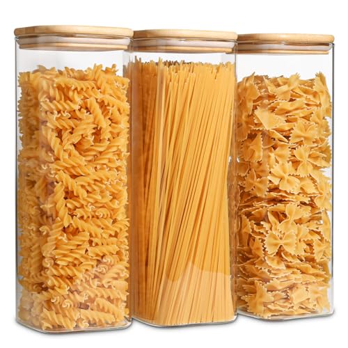 ComSaf Glass Spaghetti Pasta Storage Containers with Lids 2.2 Qt Set of 3, Tall Clear Airtight Food Storage Jar with Lid for Noodles Flour Oat Cereal Sugar Beans, Square Spaghetti Pantry Containers - size: 2.2Qt*3