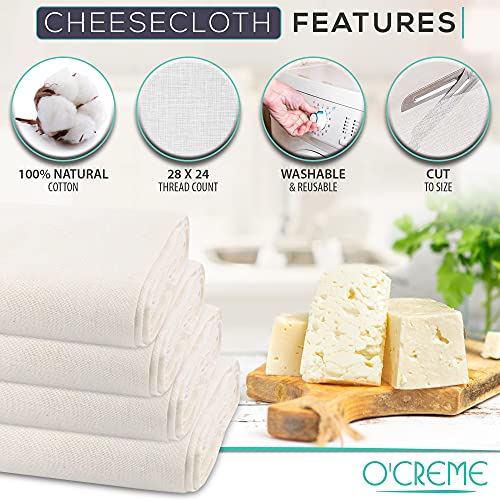 O'Creme Cheese Cloth, 45 Square Feet, 50 Grade, 100% ALL-NATURAL, Ultra Fine Cotton, for Cheesemaking, Food Preparation, Filtering and Straining