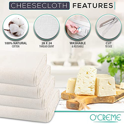 O'Creme Cheese Cloth, 45 Square Feet, 50 Grade, 100% ALL-NATURAL, Ultra Fine Cotton, for Cheesemaking, Food Preparation, Filtering and Straining