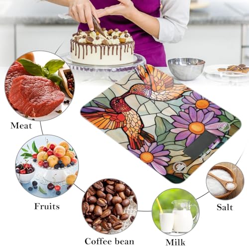 Brown Hummingbirds Purple Daisy Stained Glass Food Scale Kitchen Digital Scale Food Ounces and Grams Dieting Baking Cooking Waterproof Glass Panels LCD Display,4 Units Tare Function - color: brown humming birds purple daisy stained glass