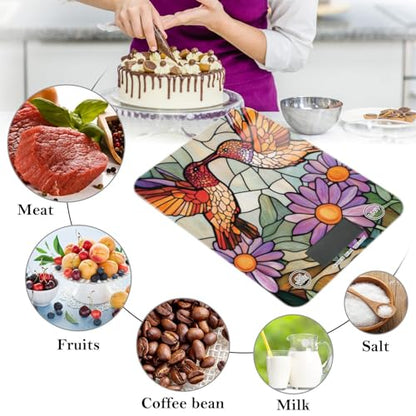 Brown Hummingbirds Purple Daisy Stained Glass Food Scale Kitchen Digital Scale Food Ounces and Grams Dieting Baking Cooking Waterproof Glass Panels LCD Display,4 Units Tare Function - color: brown humming birds purple daisy stained glass
