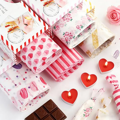 5 Boxes 250 Sheets Wax Paper Sheets Basket Liners Baking Parchment | Heart Rose Line Pattern Greaseproof Sandwich Burger Chips Cookies Food Grade Deli Wrap Paper