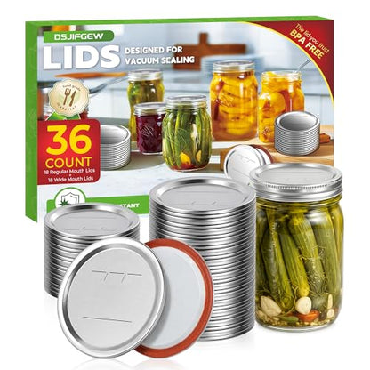 36 Pack Mason Jar Lids for Wide and Regular Mouth Jars, with Date Reminder Vacuum Seal Lids for Electric Mason Jar Vacuum Sealers - size: 18 Regular + 18 Wide Mouth Lids
