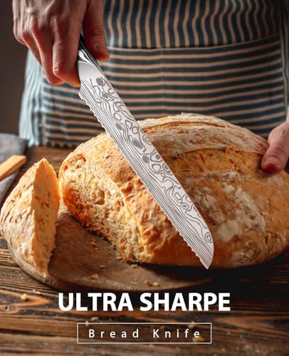 MOSFiATA Bread Knife 8” Ultra Sharp Serrated Knife, German High Carbon Stainless Steel EN1.4116 Bread Slicer with Bread Lame, Micarta Handle, For Bread, Cake, Bagels - style: 8 inch bread knife