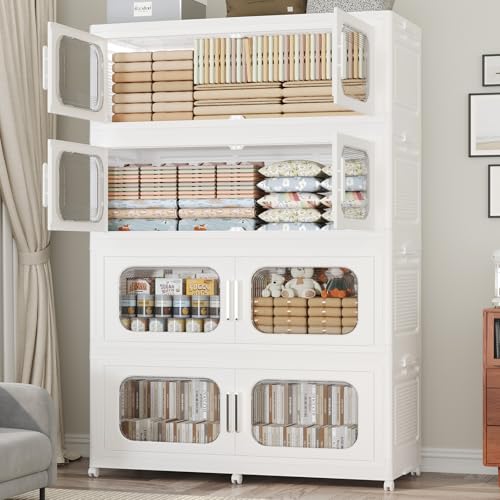 Extra Large 200GAL Storage Bins with Lid, 800QT Stackable Collapsible Plastic Storage Containers with Wheels, Folding Closet Organizer for Home, Office, Kitchen, 4Pack White - color: White, size: 50Gal-4Pack