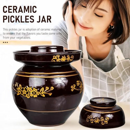 NUOBESTY Traditional Ceramic Pickle Jar 5.5lb Thickened Fermentation Crock Sealed Vegetable Sauerkraut Storage Jar with Retro Pattern for Home Kitchen Use Random Color