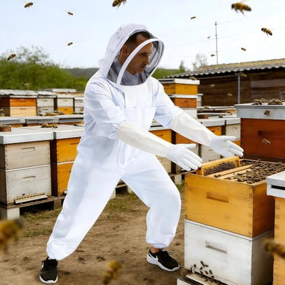 Beekeeping Suit with Goat Skin Gloves, Full Body Protective Beekeeper Suit for Men, Ventilated, White, L Size