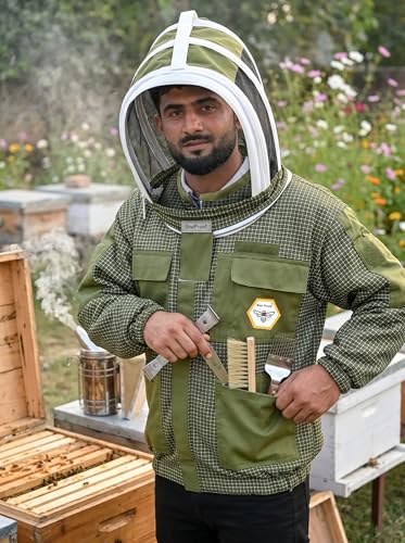 Beekeeping Jacket with Veil 3-Layer Ultra Ventilated Veil Fencing YKK Zippers Full Protection Suit Carrying Bag (BP-301-Green)-M - color: Green Fencing Veil, size: M