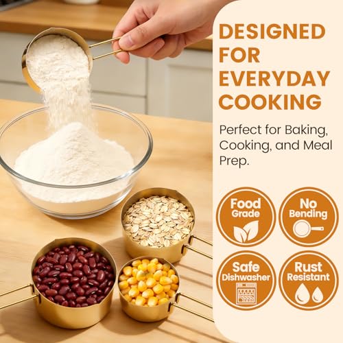 Gold 304 Stainless Steel Measuring Cup and Spoon Set, Stackable, 8-Piece, Long Handle for Narrow Bottles, Premium Gold Kitchen Utensils for Cooking and Mothers Day Gift - color: 8 set
