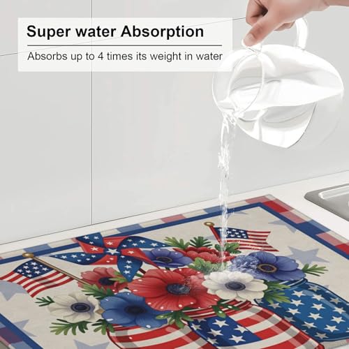 Patriotic Flowers In Mason Jars With American Flags And Pinwheel Microfiber Dish Drying Mat 18x24 Inch - Absorbent Non-Slip & Quick Dry Kitchen Counter Dish Drainer Pad, Rustic Farmhouse Style - color: Patriotic Flowers In Mason Jars With American Flags A