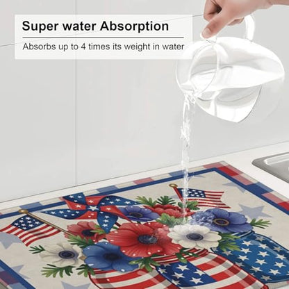 Patriotic Flowers In Mason Jars With American Flags And Pinwheel Microfiber Dish Drying Mat 18x24 Inch - Absorbent Non-Slip & Quick Dry Kitchen Counter Dish Drainer Pad, Rustic Farmhouse Style - color: Patriotic Flowers In Mason Jars With American Flags A