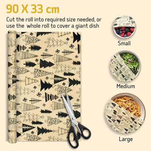SUPERBEE Reusable Beeswax Wraps for Food – XL Beeswax Wrap Roll (35x13"), Bees Wrap Paper for Wrapping Cheese, Veggies, Sandwiches & Bowl Covers, Festive Holiday Print, Sustainable Gift Idea - color: Christmas Trees