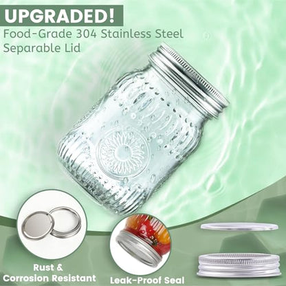 16oz Mason Jars 4-Pack with Rust-Proof 304 Stainless Steel Lids and Bands | Pint Glass Jars with Elegant Sunflower Embossing, Leak-proof for Meal Prep, Pickling, Overnight Oats, Dry Food & DIY Crafts - color: Clear-16OZ