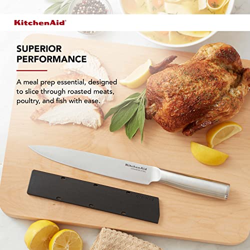 KitchenAid Gourmet Forged Slicer Knife with Custom-Fit Blade Cover, 8-inch, Sharp Kitchen Knife, Japanese Stainless Steel Blade, Brushed Stainless Steel Handle - style: 8-Inch Slicer Knife