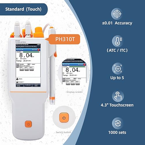 PH310T pH Meter Digital Touchscreen Portable IP65 Waterproof ±0.01pH Accuracy Slope Diagnosis 1000 Sets Storage for Drinking Water Pool Aquarium Lab Testing - style: Touchscreen Field Model