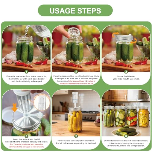 Fermenting weights wide mouth Mason Jar Fermentation Kit with 4 Fermentation Lids, 4 Glass fermentation Weights, 4 Airlocks for Fermenting, 5 Silicone Rings & Grommets - Pickling kit（No Jars） - size: Universal standard size