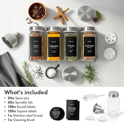 EDELHAUS Glass Spice Jars with Label, 24x Stainless Steel Lids | Airtight Lids keep spices fresh, Kitchen Spice Drawer Organizer, 4oz Seasoning Containers incl. Funnel, Brush & 240 Labels - color: Stainless Steel Lid