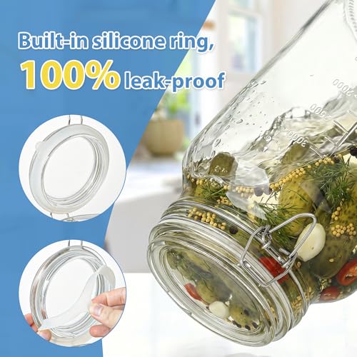 1 Gallon Round Glass Storage Jars, Airtight Glass Pickle Jars, Mason Jars | 4.3" Wide Mouth, Airtight Flip Lid, 2 Pack Food Grade Canisters, Gallon Glass Jars with ML/OZ Scale Line, Dishwasher Safe