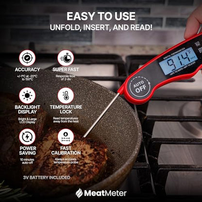 Digital Meat Thermometer for Grill/Cooking Fast Instant Read Waterproof Magnetic Probe Thermometer w/Backlight and Display for Kitchen, BBQ, Frying, etc. Chicken, Steak,or Burgers, Red