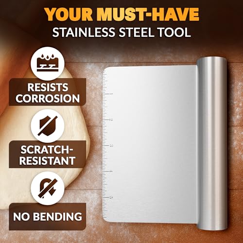 Stainless Steel Bench Scraper, 5.9 x 4.53 In, Measurement Marks | Pastry Scraper Tool with Ergonomic Handle, Resists Bending for Clean Cuts; Dough Cutter for Sourdough, Pizza and Cookie