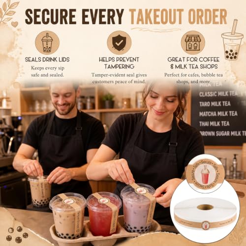 Zonon 600 Pcs Safe Secure Tamper Evident Seals for Drink Lids, Food Delivery Stickers Sealed for Freshness Labels Drink Food Coffee Milk Tea Ice Cream Seal Stickers 600 Pieces Per Roll (Kraft) - color: Kraft